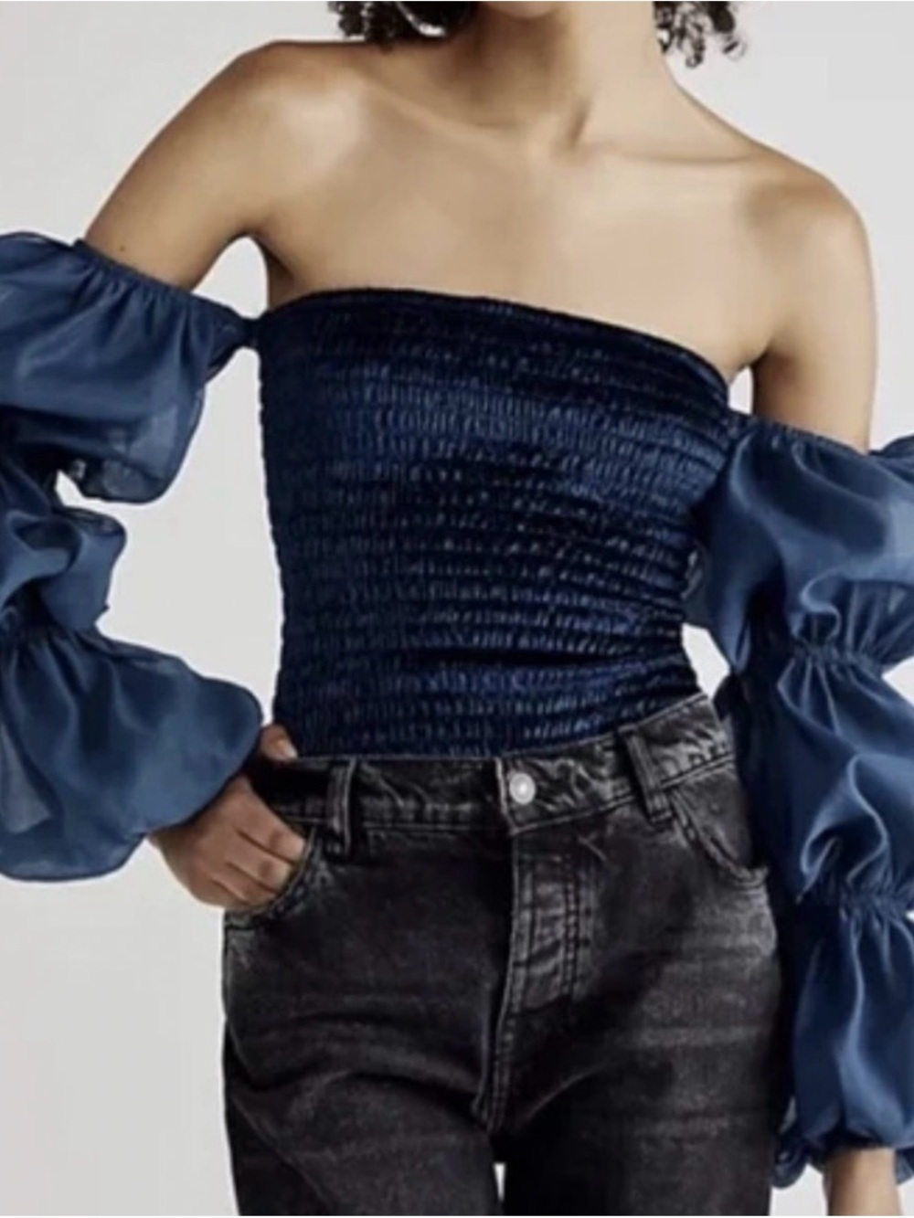FREE PEOPLE Smocked Off-Shoulder Puff Sleeve Top - Navy